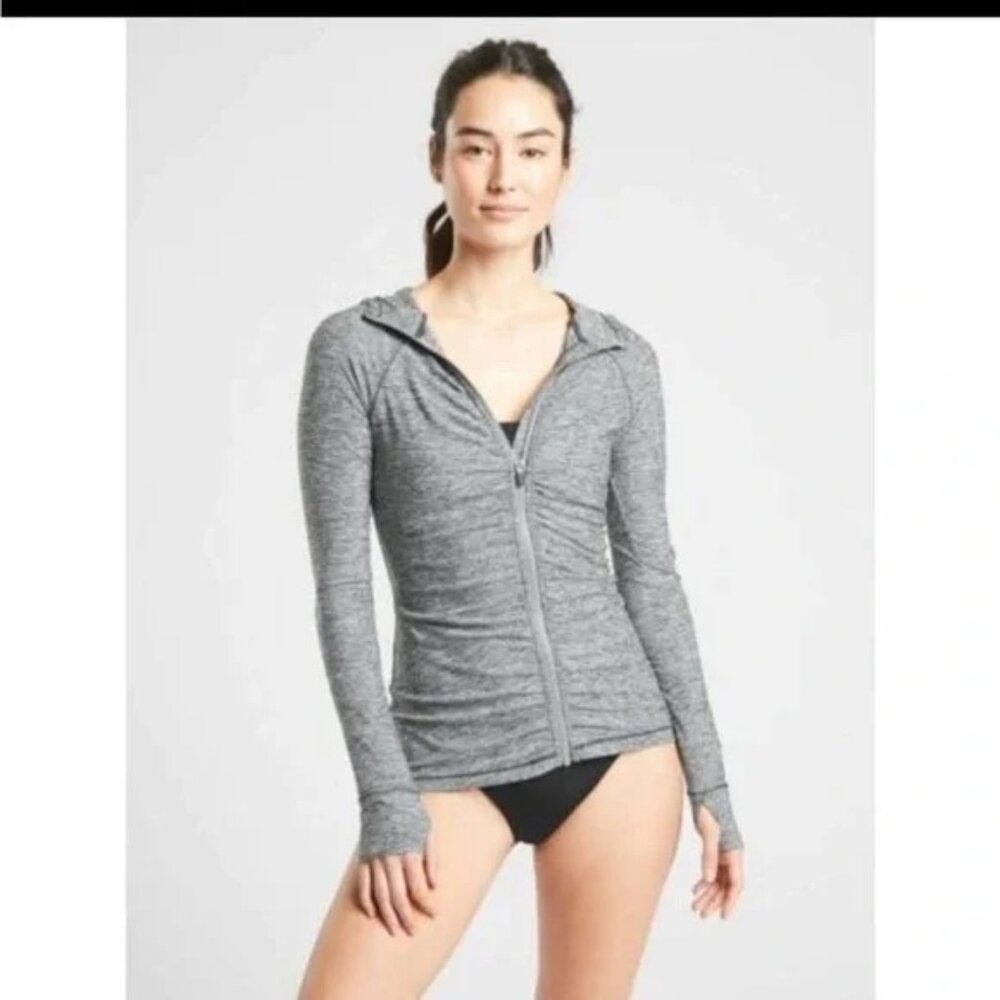 - Athleta Heather Grey Pacifica Crosscurrent UPF Zip Up Hooded Jacket Size Large